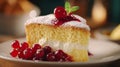 Delicious Victoria Sponge Cake Slice with Fresh Red Currants and Mint Royalty Free Stock Photo