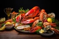 A delectable spread of lobsters and other seafood, invitingly arranged on a table, ready to be enjoyed., A seafood feast featuring