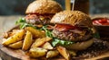 Delectable Steak Burgers with Ham and Crispy Potato Wedges