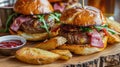 Delectable Steak Burgers with Ham and Crispy Potato Wedges