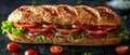 Delectable Sub Sandwich on Dark Backdrop with Space for Text. Concept Food Styling, Sandwich