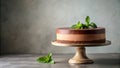 A delectable three-layered chocolate mousse cake, elegantly presented on a pedestal cake stand, garnished with fresh mint leaves, Royalty Free Stock Photo