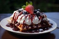 Delectable viennese waffles with assorted berries and syrup on outdoor cafe table Royalty Free Stock Photo