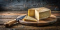 A delectable wedge of aged cheese, artfully presented on a rustic wooden board, accompanied by a sharp knife, ready for a gourmet Royalty Free Stock Photo