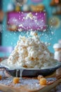 Delectable Whipped Cream Topped Dessert in Bowl with Splashes and Sugared Berries on Wooden Table