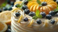 a delectable white cake adorned with slices of lemon, blueberries, and mint leaves, set against a pristine backdrop with