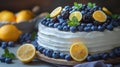 a delectable white cake adorned with slices of lemon, blueberries, and mint leaves, set against a pristine backdrop with