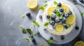 a delectable white cake adorned with slices of lemon, blueberries, and mint leaves, set against a pristine backdrop with