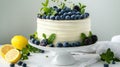 a delectable white cake adorned with slices of lemon, blueberries, and mint leaves, set against a pristine backdrop with