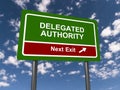 delegated authority next exit traffic sign on blue sky Royalty Free Stock Photo