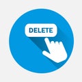 Delete button vector icon with a with long shadow. The hand presses the delete button on the Internet. Vector illustration on blu Royalty Free Stock Photo