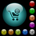 Delete from cart icons in color illuminated glass buttons Royalty Free Stock Photo