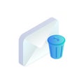 Delete email isometric icon. 3d message with trash icon isolated. Mobile Email bin sign. Social network, sms chat, spam, mail