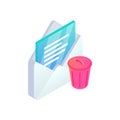 Delete email isometric icon. 3d open message with trash icon isolated. Mobile Email bin sign. Social network, sms chat, spam, mail
