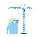 Delete files to trash bin, construction crane putting emails and folders, photos