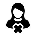 Delete Profile icon vector female user person avatar with close symbol in flat color glyph pictogram