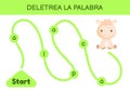 Deletrea la palabra - Spell the word. Maze for kids. Spelling word game template. Learn to read word alpaca. Activity page for