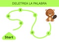 Deletrea la palabra - Spell the word. Maze for kids. Spelling word game template. Learn to read word beaver. Activity page for