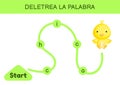 Deletrea la palabra - Spell the word. Maze for kids. Spelling word game template. Learn to read word chicken. Activity page for