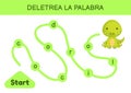 Deletrea la palabra - Spell the word. Maze for kids. Spelling word game template. Learn to read word crocodile. Activity page for Royalty Free Stock Photo