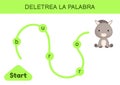Deletrea la palabra - Spell the word. Maze for kids. Spelling word game template. Learn to read word donkey. Activity page for