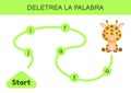 Deletrea la palabra - Spell the word. Maze for kids. Spelling word game template. Learn to read word giraffe. Activity page for