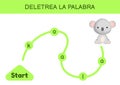 Deletrea la palabra - Spell the word. Maze for kids. Spelling word game template. Learn to read word koala. Activity page for