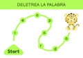 Deletrea la palabra - Spell the word. Maze for kids. Spelling word game template. Learn to read word leopard. Activity page for