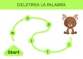 Deletrea la palabra - Spell the word. Maze for kids. Spelling word game template. Learn to read word moose. Activity page for