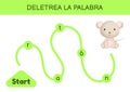 Deletrea la palabra - Spell the word. Maze for kids. Spelling word game template. Learn to read word mouse. Activity page for