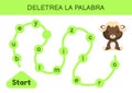Deletrea la palabra - Spell the word. Maze for kids. Spelling word game template. Learn to read word musk-ox. Activity page for