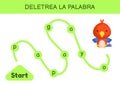 Deletrea la palabra - Spell the word. Maze for kids. Spelling word game template. Learn to read word parrot. Activity page for