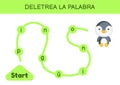 Deletrea la palabra - Spell the word. Maze for kids. Spelling word game template. Learn to read word penguin. Activity page for