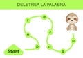 Deletrea la palabra - Spell the word. Maze for kids. Spelling word game template. Learn to read word sloth. Activity page for