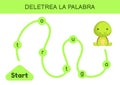 Deletrea la palabra - Spell the word. Maze for kids. Spelling word game template. Learn to read word turtle. Activity page for
