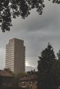 Vermeer Toren Delft in stormy weather. Big clouds forming around it Royalty Free Stock Photo