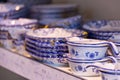 Delftware blue pottery ornaments on display Royalty Free Stock Photo