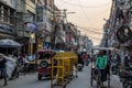 Delhi, India - April 2019 : Crowd of people Life at New Delhi city center from old Delhi