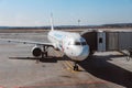 Telescopic gangway at the plane of the airline \