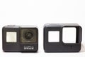 Delhi, India, april 30th 2020 Gopro Hero 7 black action 4K Camera with cover case, White background with space for text Royalty Free Stock Photo