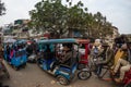 Delhi, India - December 11, 2017: crowd and traffic on street at Chandni Chowk, Old Delhi, famous travel destination in India. Cha