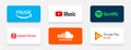 Delhi, INDIA - February 27, 2021: popular music songs streaming brand logos like amazon music soundcloud spotify and more