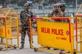 DELHI, INDIA - JANUARY 24, 2017: Police barriers at Rajpath road prepared for the celebrations of the Republic Day on January 26,