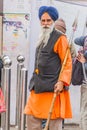DELHI, INDIA - JANUARY 24, 2017: Sikh warrior with a spear on a guard in front of Gurudwara Sis Ganj Sahib gurdwara place of