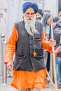 DELHI, INDIA - JANUARY 25, 2017: Sikh warrior with a spear on a guard in front of Gurudwara Sis Ganj Sahib gurdwara place of