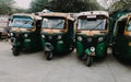 Delhi, India, 15 June 2020 - Group Of Indian Auto Rikshaw on the street tuk-tuk used by tourists and local as means of