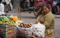 DELHI, INDIA - MARCH 14, 2019: fruit and vegetable wallah at the spice market in old delhi Royalty Free Stock Photo