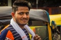 Delhi, India - March 19, 2019 : Indian auto rickshaw three wheeler tempo, taxi driver man