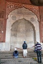 DELHI, INDIA - MARCH 11, 2019: muslim men pray at jama masjid mosque in old delhi Royalty Free Stock Photo