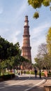 DELHI, INDIA - MARCH 12, 2019: wide shot of the ancient qutub minar minaret in delhi